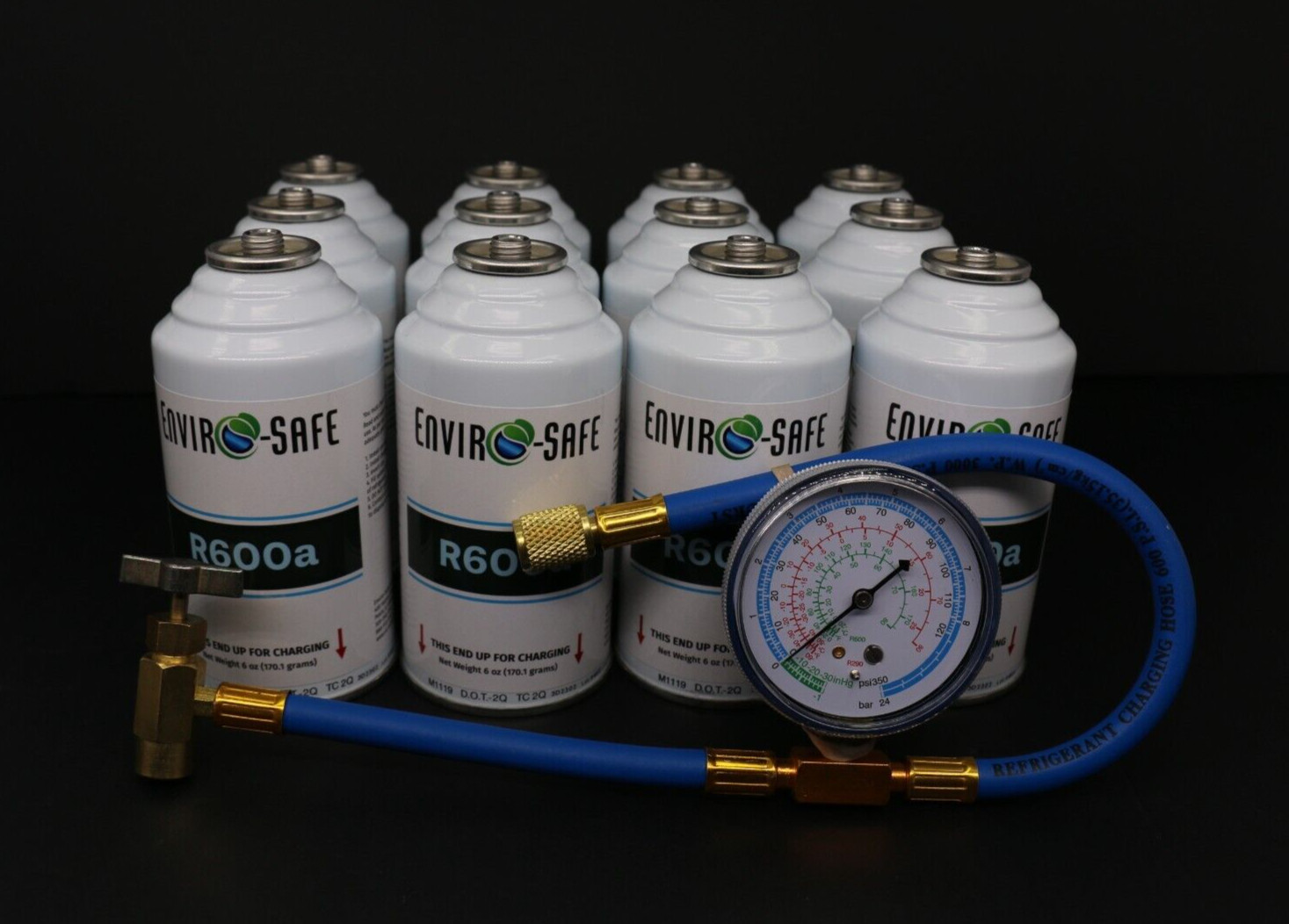 Enviro-Safe R-600a Refrigerant Inverted Piercing 6 oz 12 Cans and Brass Gauge