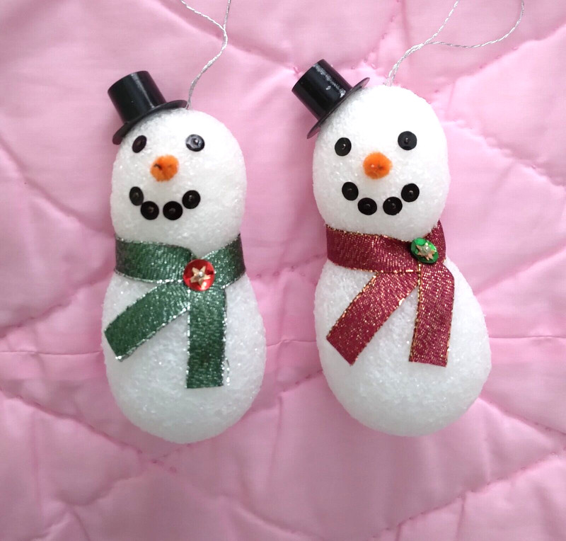Handmade Styrofoam Snowmen Christmas Ornaments - lot of 2