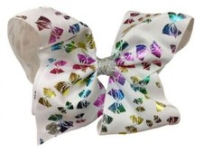 JoJo Siwa Hair Bow White with Foil Rainbow Bows 7-8 inch Large Cheer Bow