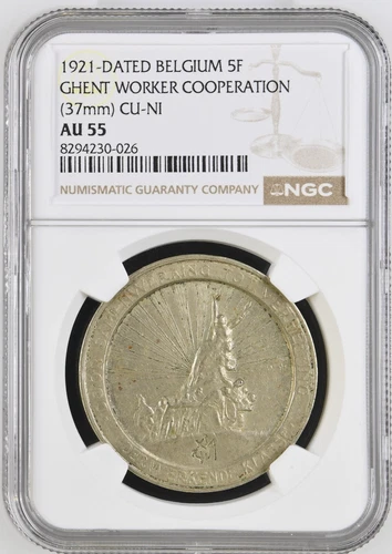 Belgium - 1921 Five Frank Vooruit - Ghent Worker Cooperation - 37mm - NGC AU 55
