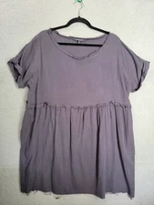 Boho Raw Hem Shift Dress Large Short Sleeve Grey Grade & Gather Knee Length 