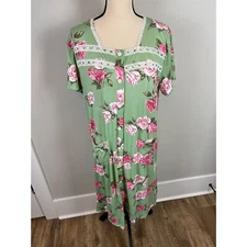 Joan Vass NWT Nightgown Green Pink Floral Buttons Pockets Long Lace M MSRP $58