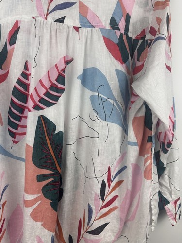 Cynthia Rowley 100% Linen Tunic Top Tropical Botanical Slub Roll Tab Popover 1X - Picture 9 of 13