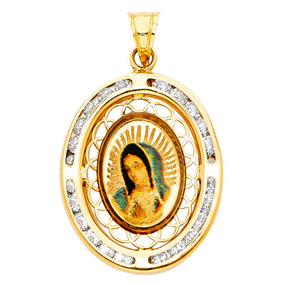 14K Yellow Gold Lady of Guadalupe CZ Religious Charm Pendant For ...