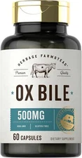 Ox Bile 500 Mg Digestive Enzyme Liver Gallbladder Metabolism Support, 60 Caps