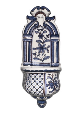 Vintage Conimbriga Portugal Ceramic Holy Water Font Blue White  Wall Pocket Vase