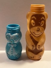 Vtg Tan Brown Bear  Blue Owl Plastic Gerber Character Baby Bottles