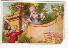 B T Babbitt's 1776 Soap Colonial Boy at Wall Girl w Fan THE MAN Vict Card c1880s