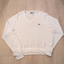 VTG Izod Lacoste Men's Large V-Neck Sweater White Preppy Golf Croc Gator
