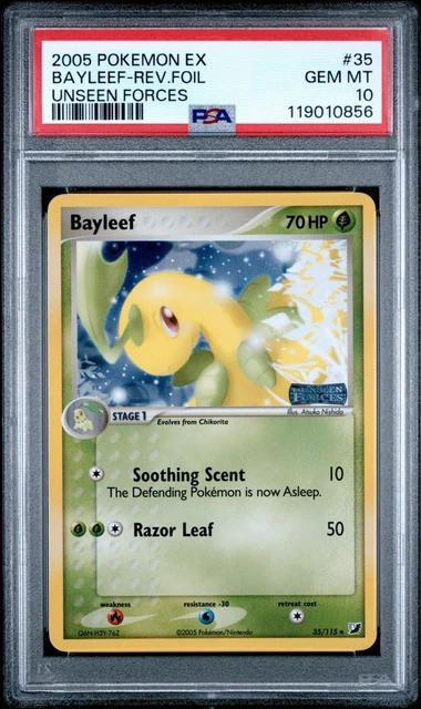 2005 POKEMON EX UNSEEN FORCES #35 BAYLEEF-REVERSE FOIL PSA 10