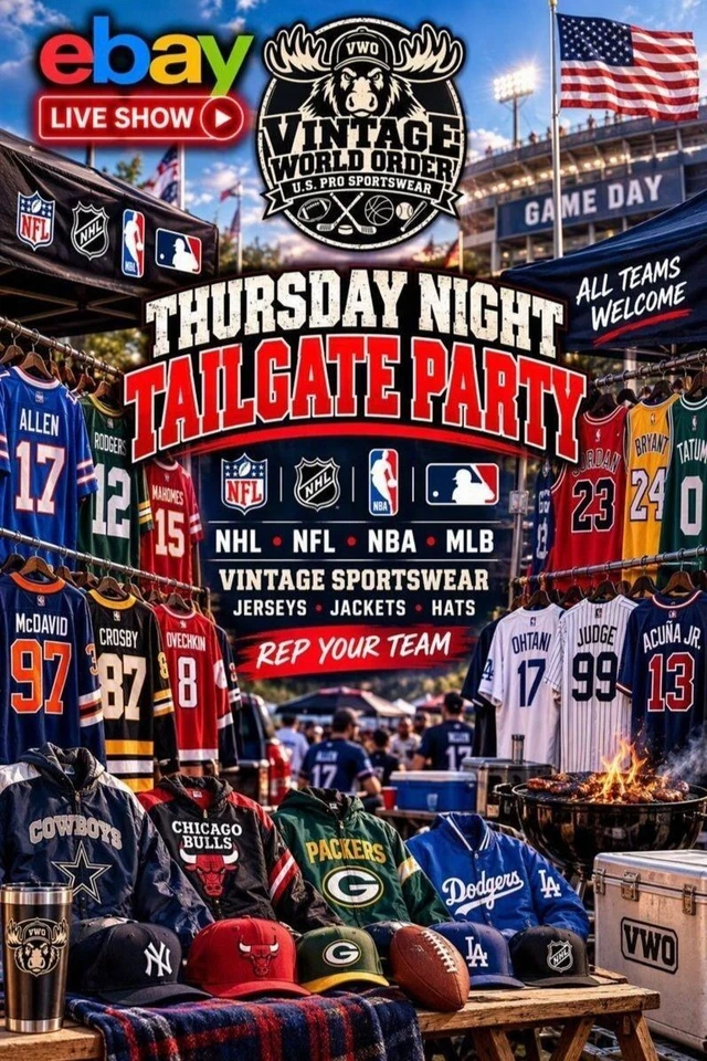 THURSDAY NIGHT TAILGATE PARTY, NFL, NHL, NBA, MLB JACKETS AND JERSEYS