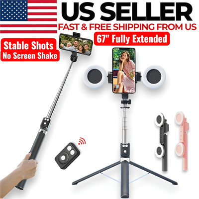 67'' Selfie Stick Remote with Fill Light Bluetooth Extendable Phone Tripod Stand