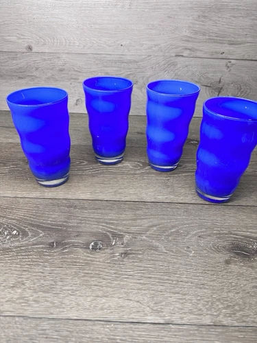 Vintage Dansk Rio 16oz Wavy Ripple Blue Tumblers 6" Tall ~set Of 4