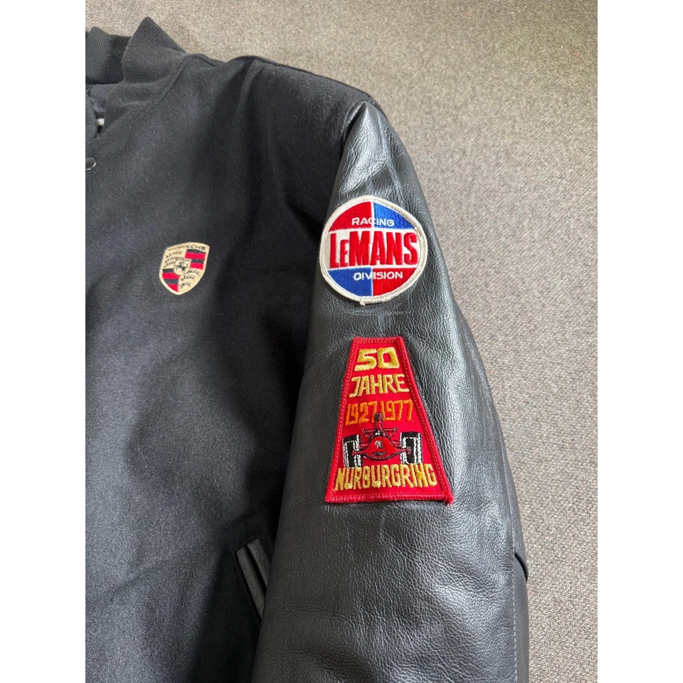 Chaqueta Universitaria Porsche Años 90 Bordada Lana Cuero Talla XL EE. UU. Rara Foto 3 de 4
