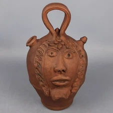 Terracotta Vase Artistic Jug Relief Human Face Rustic Vintage 20th Century