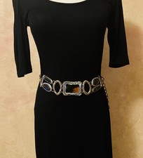 Chico's Silver Chain Belt Distressed Hammered Metal W Inlay Boho Western 41" EUC
