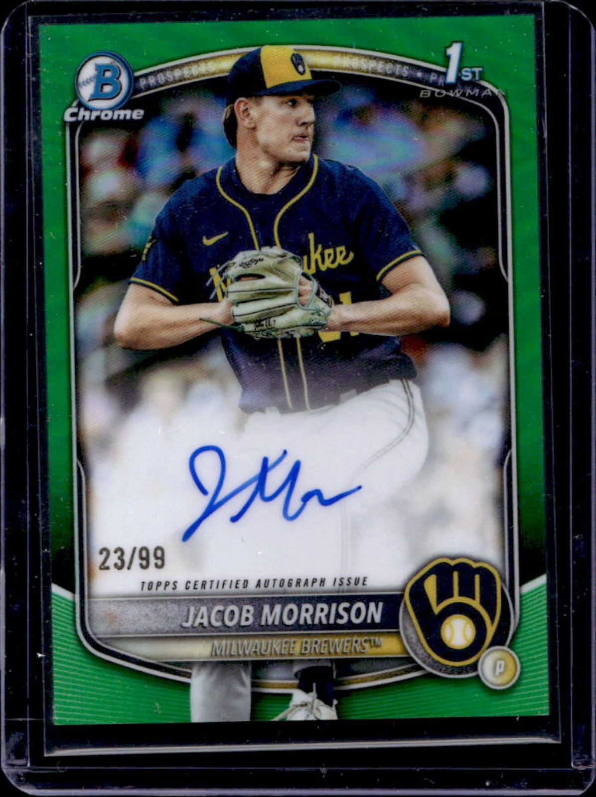 2025 Bowman Draft Jacob Morrison Chrome Auto Green Refractor 1st #/99 Brewers