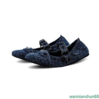 Women's Denim Mary Jane Flats Buckle Strap Ballet-Pumps Casual Comfort Shoes