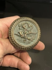 CAST BRASS BRONZE 1880s FIGURAL DOOR KNOB with CHERUB HOLDING TORCH RIDING EAGLE