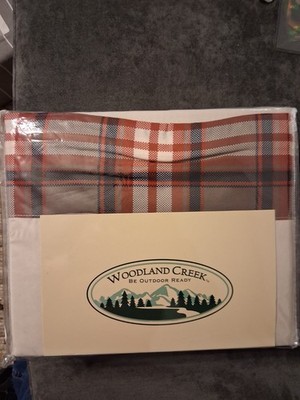 Woodland Creek Queen Plaid Trim Sheet Set 100% Polyester White Red Gray Black