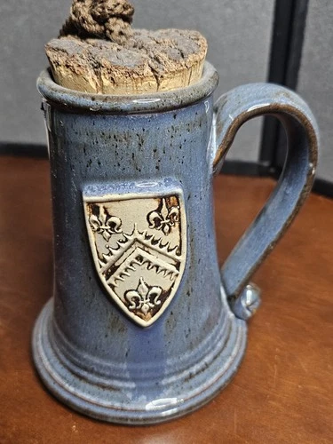 Vintage Coiner Deneen Pottery BlueGray Tankard With Shield Medallion Cork Topper