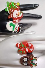 5 Holiday Rings Santa Snowman Xmas Tree Reindeer Candy Cane Size 8 Plastic NEW