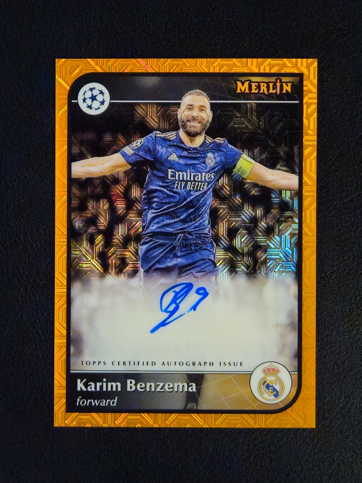 Karim Benzema 2024-25 Topps Merlin UEFA #AU-KB Orange Mojo Refractor Auto /25