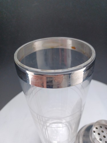 RETRO ART DECO Glas Cocktail Shaker geätztes Gitter Edelstahlrand & Kappe - Bild 3 von 5