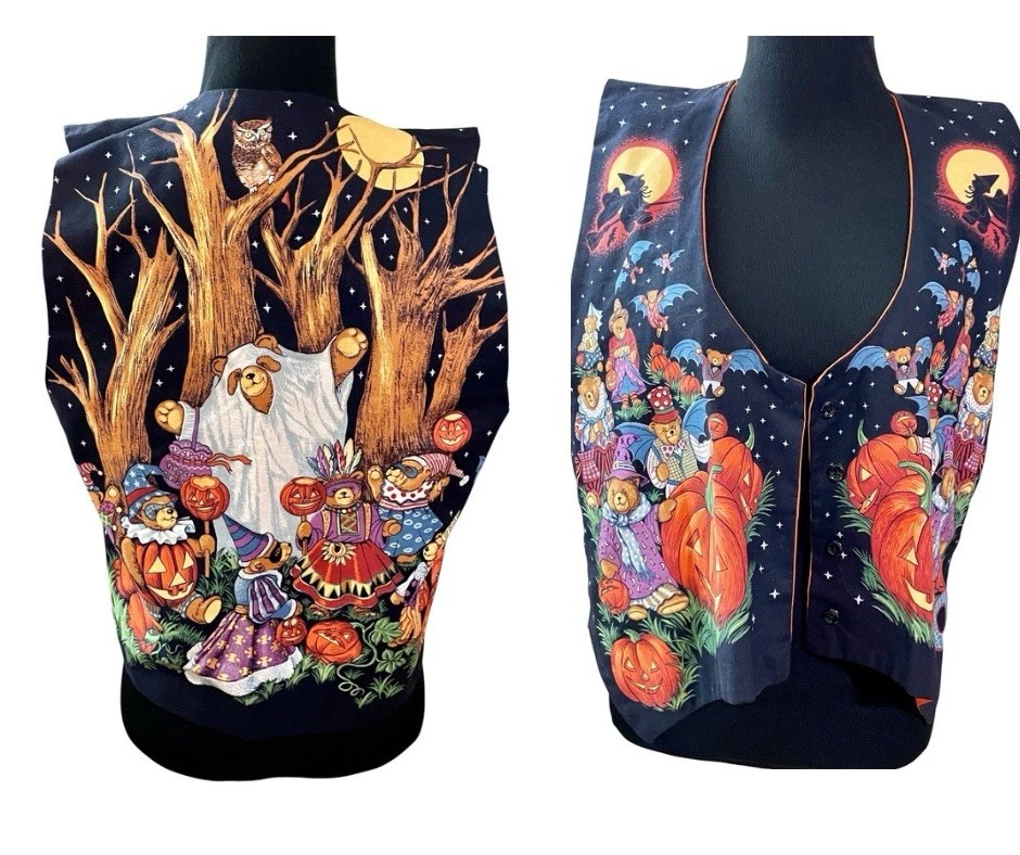 VTG Halloween Vest Handmade M/L Granny Core Teddy Bears Fall Ugly Front & Back - Image 2 of 4