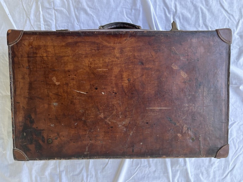 Antique French Monogrammed Leather Suitcase, “Aux Etats Unis”