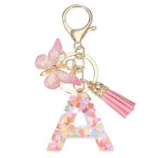 Alphabet Initial Letter Keychain Charm with Tassel Butterfly Letter A Pink