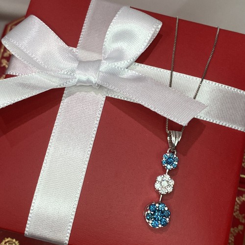 ๐ 14k White Gold 3/4 Ct VS SI1 Blue Diamond Flower Pendant 18k Necklace 18โ Set - Picture 2 of 12