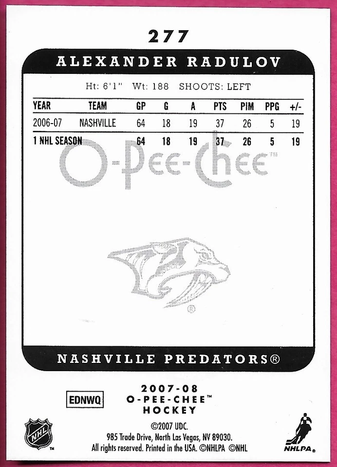 2007-08 Upper Deck O-Pee-Chee OPC ALEXANDER RADULOV Base #277 Micromotion - Image 2 of 2