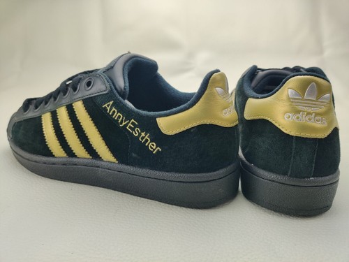 Adidas Anny Esther Wmn's Sz 4.5 Shell Toe Black/Gold Suede Striped Sneakers - Picture 3 of 5