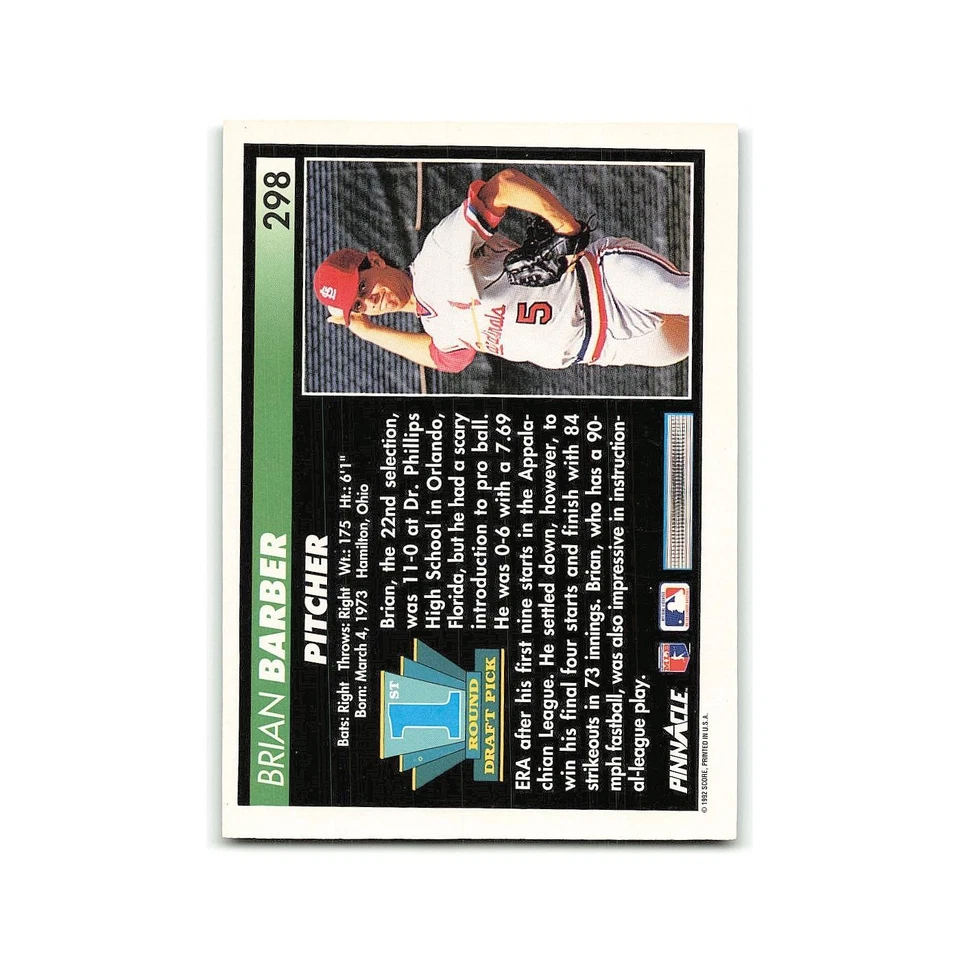 Brian Barber Rookie 1992 Pinnacle #298 St. Louis Cardinals Baseball Card NM - Image 2 of 3