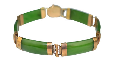 VINTAGE 14K GELBGOLD DURCHSCHEINEND DUNKELGRÜNE JADE GLIEDERARMBAND MIT OVALEM VERSCHLUSS