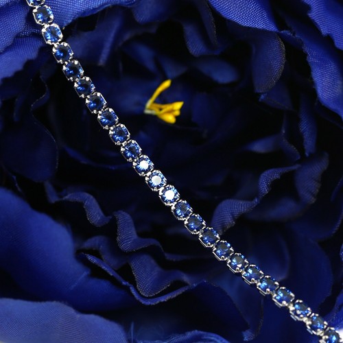 18K WHITE GOLD GF BLUE SAPPHIRE WOMEN SILVER VINTAGE BAND TENNIS BANGLE BRACELET - Picture 7 of 8