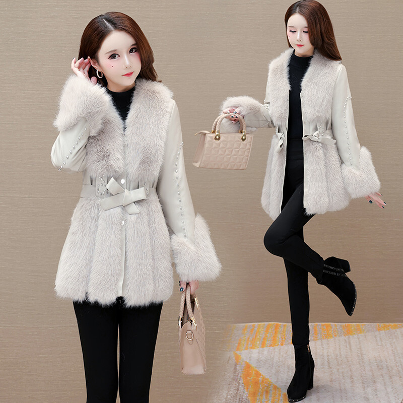 2024 Winter Womens Leather Fox Fur Coat Waist Down Warm Mid Long