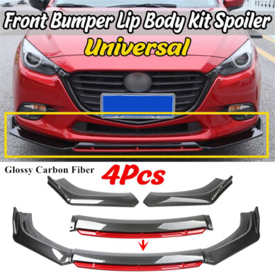 4Pcs Full Surrounded Carbon Fiber Look Car Front Bumper Red Lip Splitter Winglet
