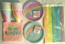 MAGICAL RAINBOW Birthday Party Supply Decoration Kit for 16 w/ Table Cover