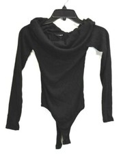 Fashion Nova Women Solid Black Long Sleeve Cowl Neck Stretch Ribbed Bodysuit Top