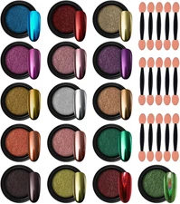 Artdone 16 Jars Chrome Nail Pearl Powder Silver and Gold Mirror Iridescent Auror