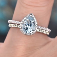 1.4ct Simulated Blue Aquamarine Engagement Ring 14k White Gold Plated Bridal Set