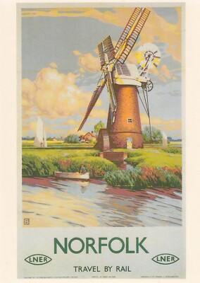 DRUMAHOE GRAFIK POSTKARTE - NORFOLK REISEN MIT DER EISENBAHN - LNER - JOHN BEE