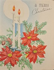 Christmas Card Vintage Poinsettia Candles Pine Cones Mistletoe Art Deco 5x4