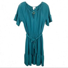 MICHAEL Michael Kors Key Hole Tie Waist Peasant Ruffle Dress Teal Size Small