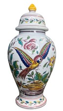 Majolica Apothecary Jar Parrot Hand painted Floral Portugal Lidded Bird Urn