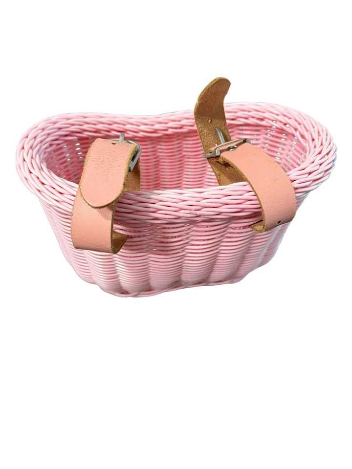 "Cesta de bicicleta tejida de plástico rosa para niños correas de cuero 10,5"" X 6,5""" Foto 3 de 4