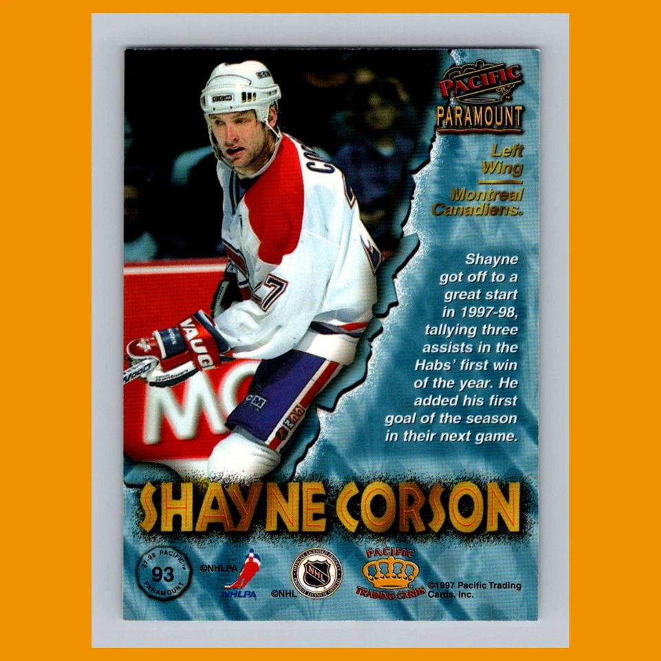 Shayne Corson #93 1997-98 Pacific Paramount Copper Montreal Canadiens Hockey NHL - Image 2 of 3