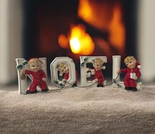 Vintage NOEL Lipper & Mann Candle Holders Ceramic Christmas Elf Pixie W/chain